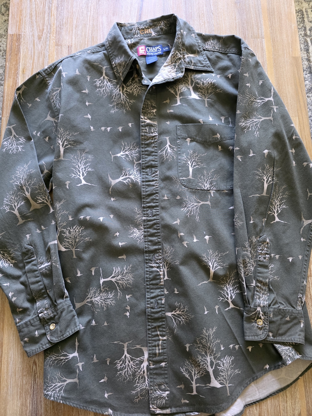 RALPH LAUREN CHAPS  Olive Green Tree-Print Long Sleeve Shirt